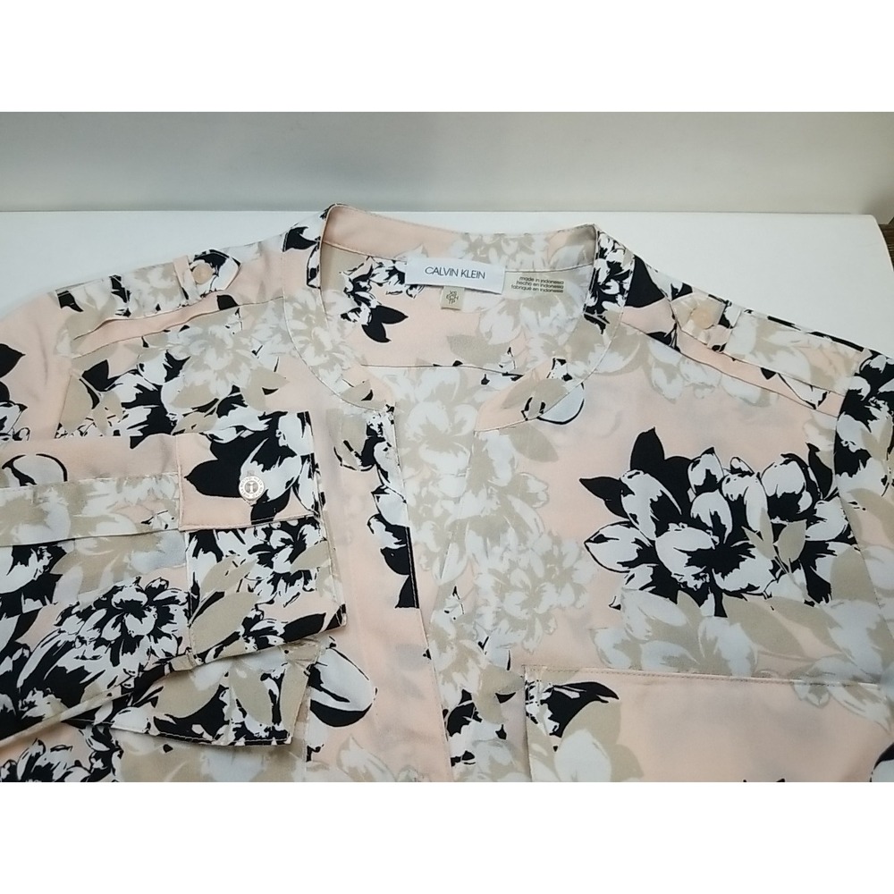 Calvin‎ Klein Shirt Womens XS Pink Sheer Floral Long Sleeve Button Up